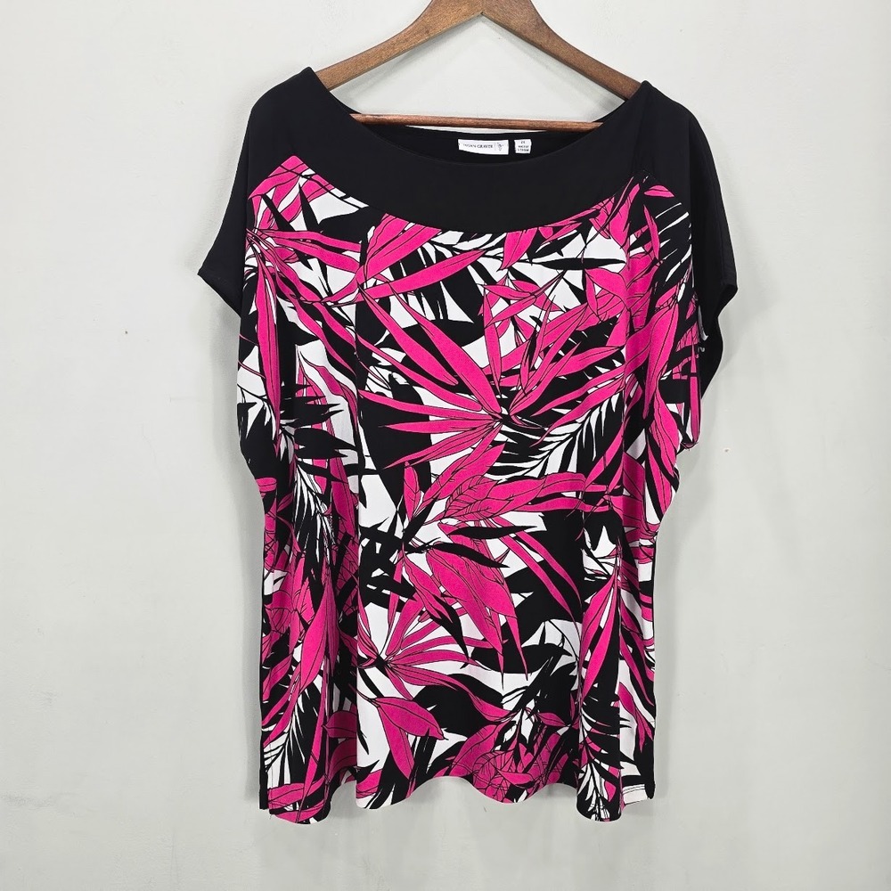 Susan Graver Liquid Knit Top Blouse‎ 2X Pink Black Tropical Boat Neck Office